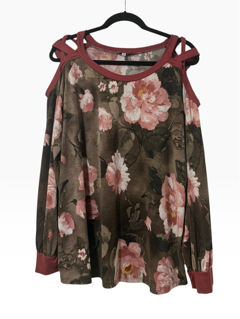 White Birch XL Floral Cold Shoulder Blouse with Pink Trim